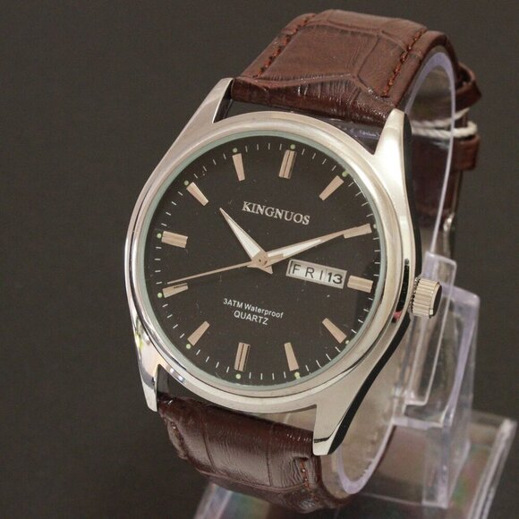 Men's Contemporary Dress Watch Silver Case Brown Leather Watch Strap 40mm - Picture 4 of 12